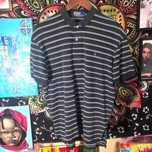 Vintage 90s Polo Ralph Lauren Blue Yellow Striped Polo Shirt Medium
